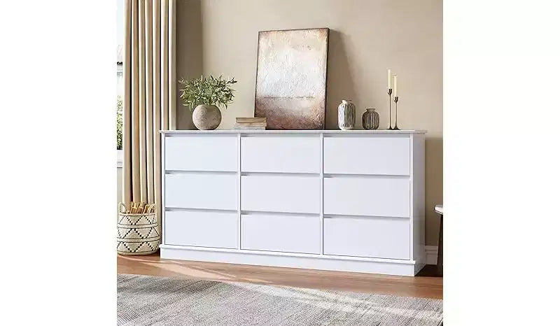 Commode à 9 tiroirs, chiffonnier avec tiroirs profonds, grande commode double pour placard avec plateau large, commode haute en bois pour salon et chambre
