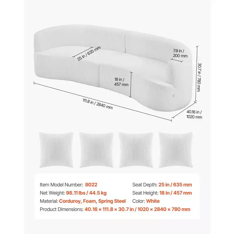 VEVOR Canapé sectionnel incurvé moderne de luxe Cloud en peluche, 112 cm, modulaire avec 4 oreillers – Tissu côtelé à assise profonde surdimensionnée, Blanc
