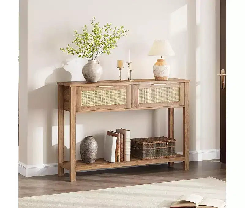Console pour entrée, table d'entrée en rotin avec 2 tiroirs, table de canapé bohème à 2 niveaux avec rangement, table de couloir/hall d'entrée, mobilier de maison