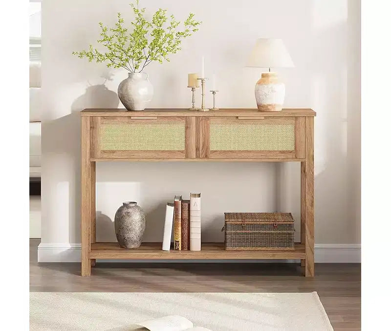 Console pour entrée, table d'entrée en rotin avec 2 tiroirs, table de canapé bohème à 2 niveaux avec rangement, table de couloir/hall d'entrée, mobilier de maison