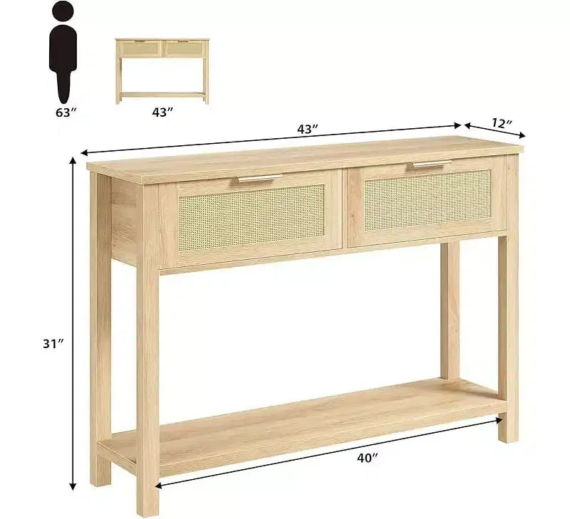 Console pour entrée, table d'entrée en rotin avec 2 tiroirs, table de canapé bohème à 2 niveaux avec rangement, table de couloir/hall d'entrée, mobilier de maison