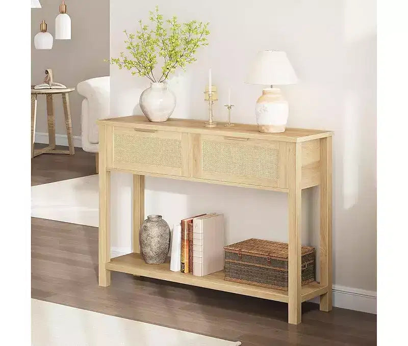 Console pour entrée, table d'entrée en rotin avec 2 tiroirs, table de canapé bohème à 2 niveaux avec rangement, table de couloir/hall d'entrée, mobilier de maison