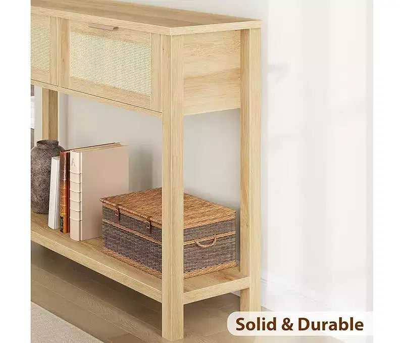 Console pour entrée, table d'entrée en rotin avec 2 tiroirs, table de canapé bohème à 2 niveaux avec rangement, table de couloir/hall d'entrée, mobilier de maison