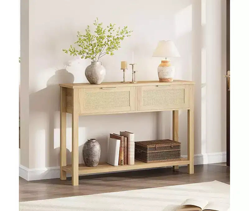 Console pour entrée, table d'entrée en rotin avec 2 tiroirs, table de canapé bohème à 2 niveaux avec rangement, table de couloir/hall d'entrée, mobilier de maison