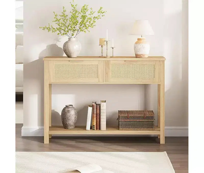 Console Table for Entryway, Rattan Entryway Table with 2 Drawers, 2 Tier Boho Sofa Table with Storage, Hallway Foyer Table Home Furniture