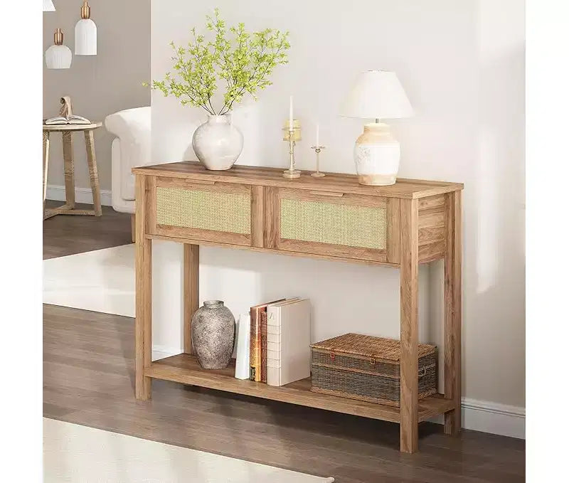 Console pour entrée, table d'entrée en rotin avec 2 tiroirs, table de canapé bohème à 2 niveaux avec rangement, table de couloir/hall d'entrée, mobilier de maison