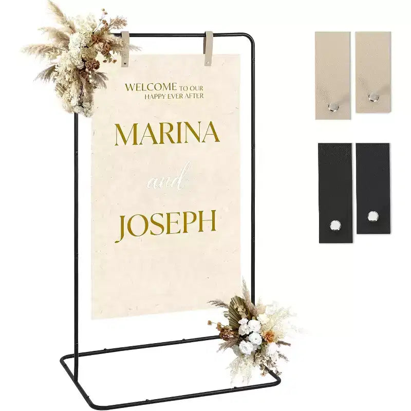 Wedding Welcome Sign Stand, Adjustable, Equipped with 4 Artificial Belts, Portable Seating Chart Stand, Suitable for Party Entrance, Black