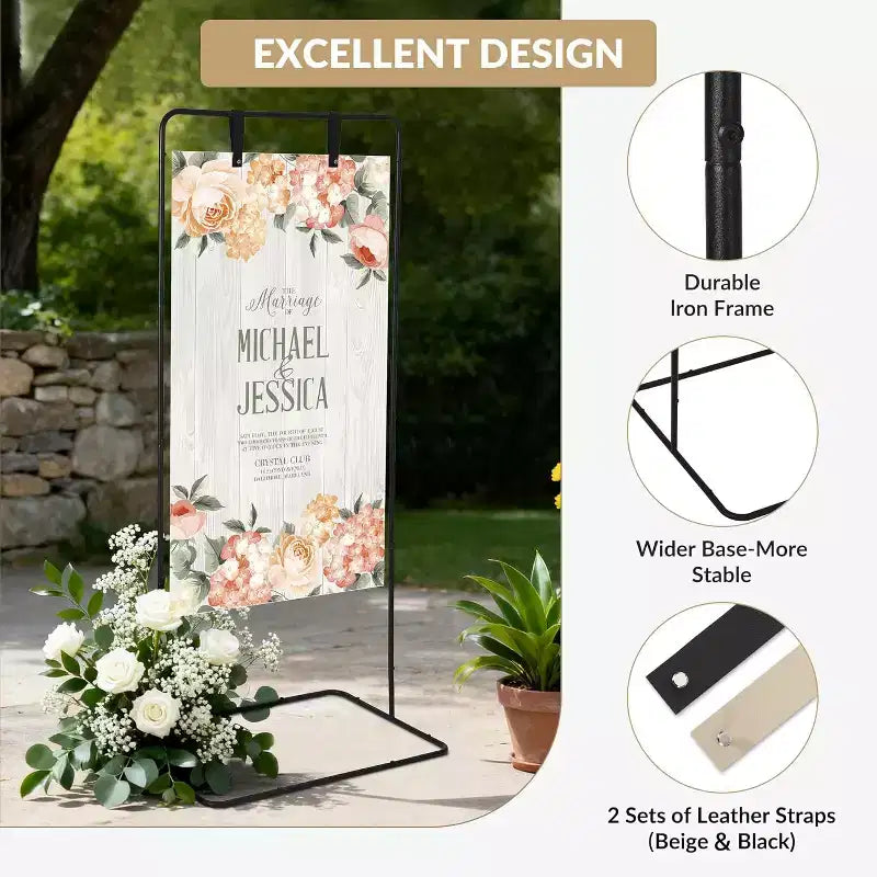 Support de panneau de bienvenue de mariage, réglable, équipé de 4 sangles artificielles, support de plan de table portable, adapté à l'entrée de fête, noir