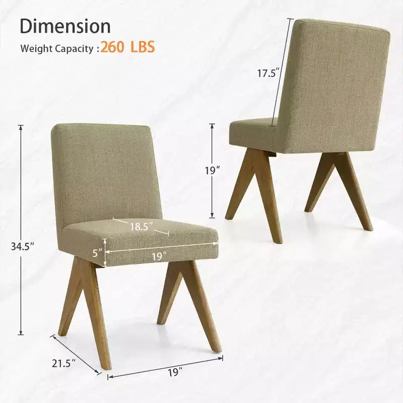 Lot de 2 chaises de salle à manger sans accoudoirs en lin avec pieds inclinés en bois d'hévéa
