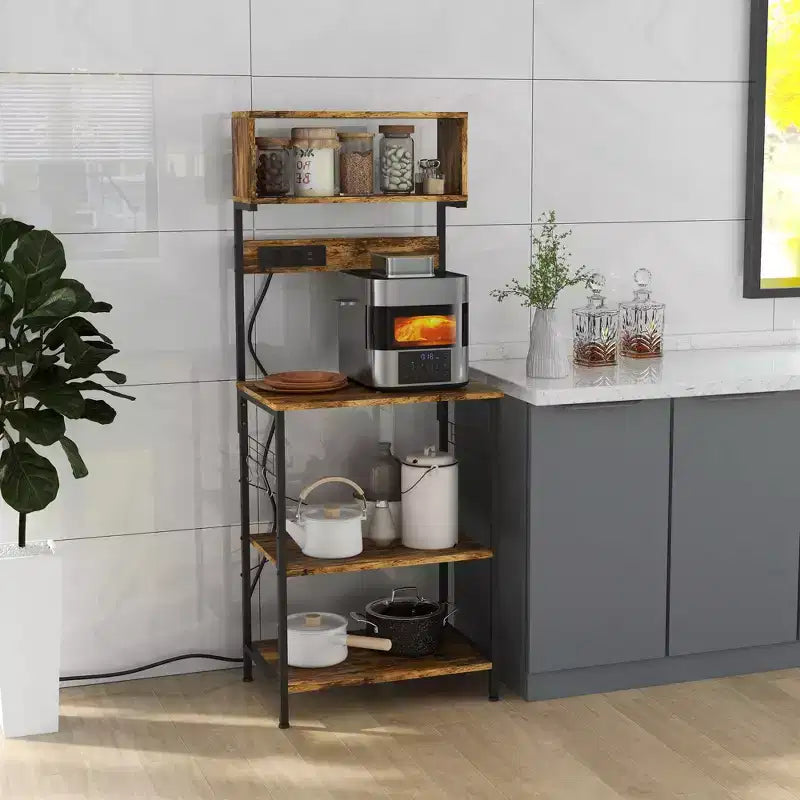 Étagère de cuisine style boulanger avec prise de courant, chargeur USB et étagères réglables – Marron rustique