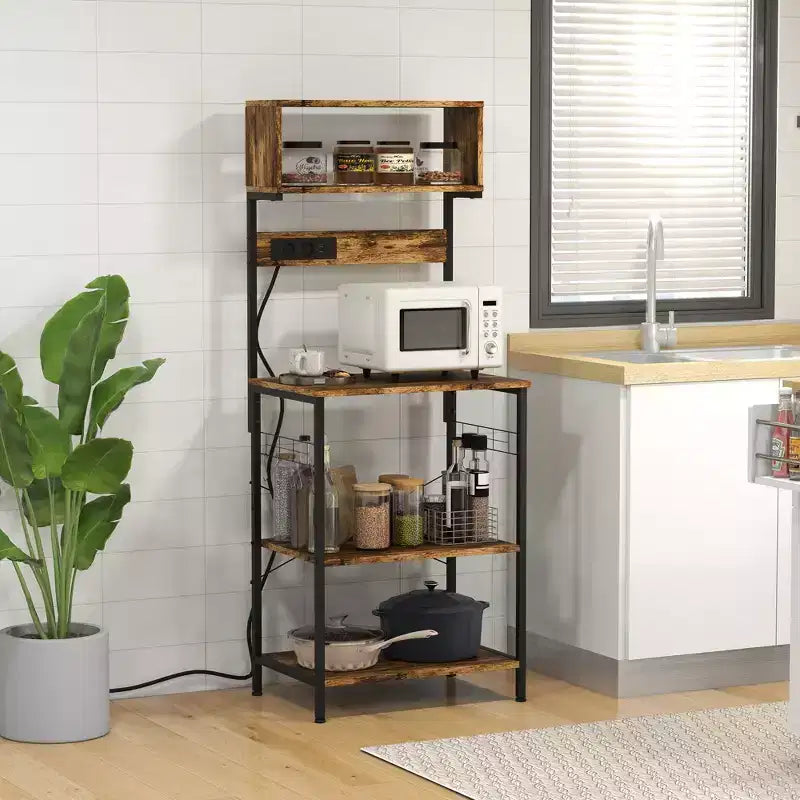 Étagère de cuisine style boulanger avec prise de courant, chargeur USB et étagères réglables – Marron rustique