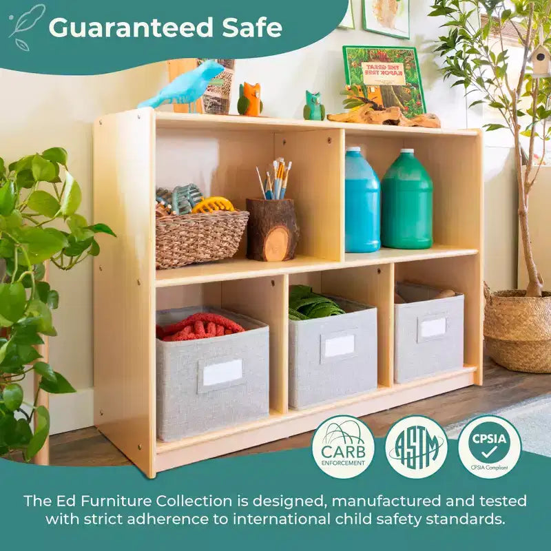 Guidecraft EdQ 2-Shelf 5-Compartment Storage 30: Kids' Wooden Shelving for Books and Toys - Classroom Educational Furniture