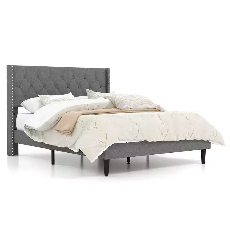 Lit plateforme tapissé Grand Lit/Très Grand Lit avec tête de lit capitonnée – Lin