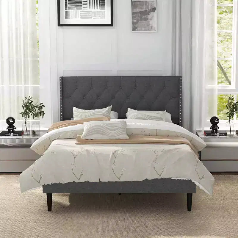 Lit plateforme tapissé Grand Lit/Très Grand Lit avec tête de lit capitonnée – Lin