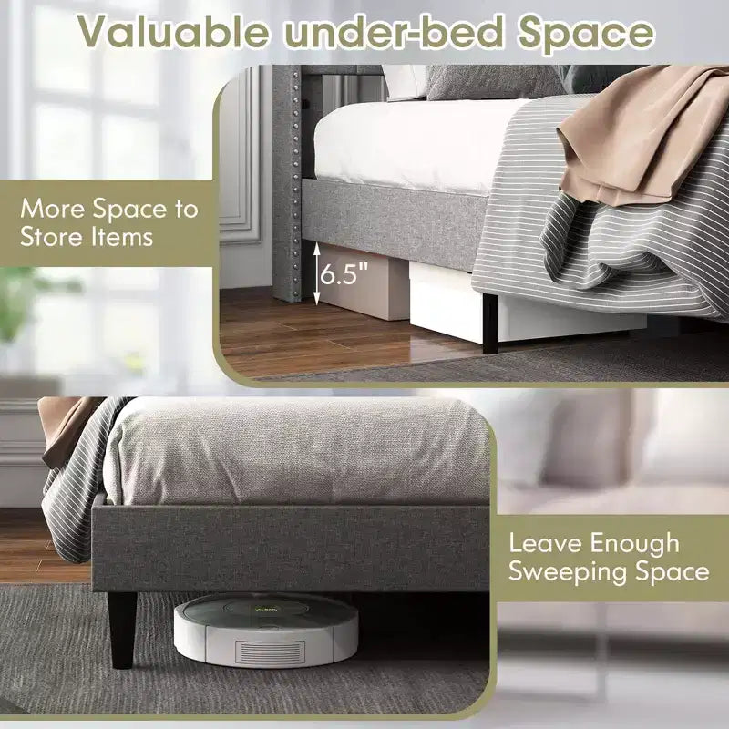 Lit plateforme tapissé Grand Lit/Très Grand Lit avec tête de lit capitonnée – Lin