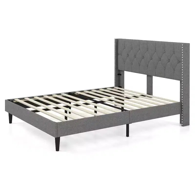 Lit plateforme tapissé Grand Lit/Très Grand Lit avec tête de lit capitonnée – Lin