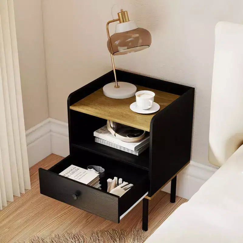 Table de chevet avec tiroir et étagère ouverte – MDF et métal