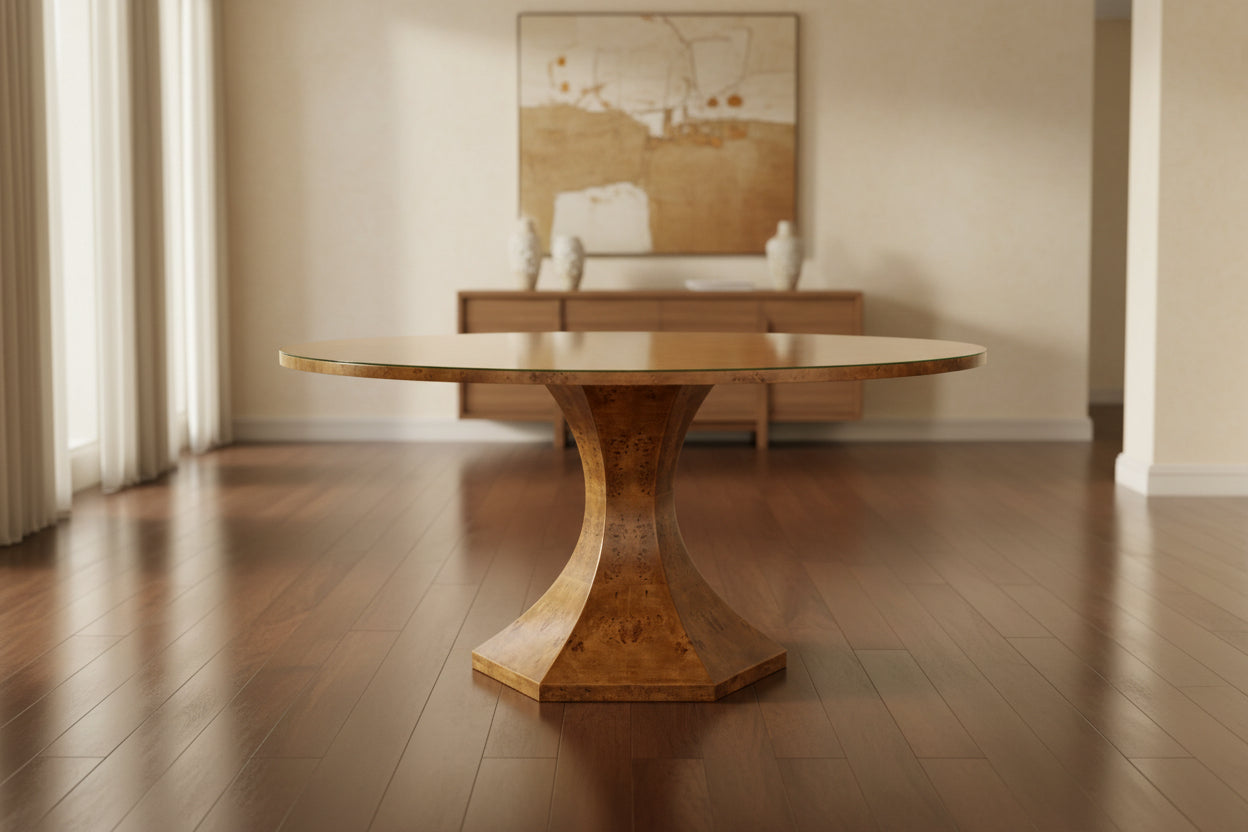 Table à manger Bryce avec plateau rond en verre et piètement conique hexagonal