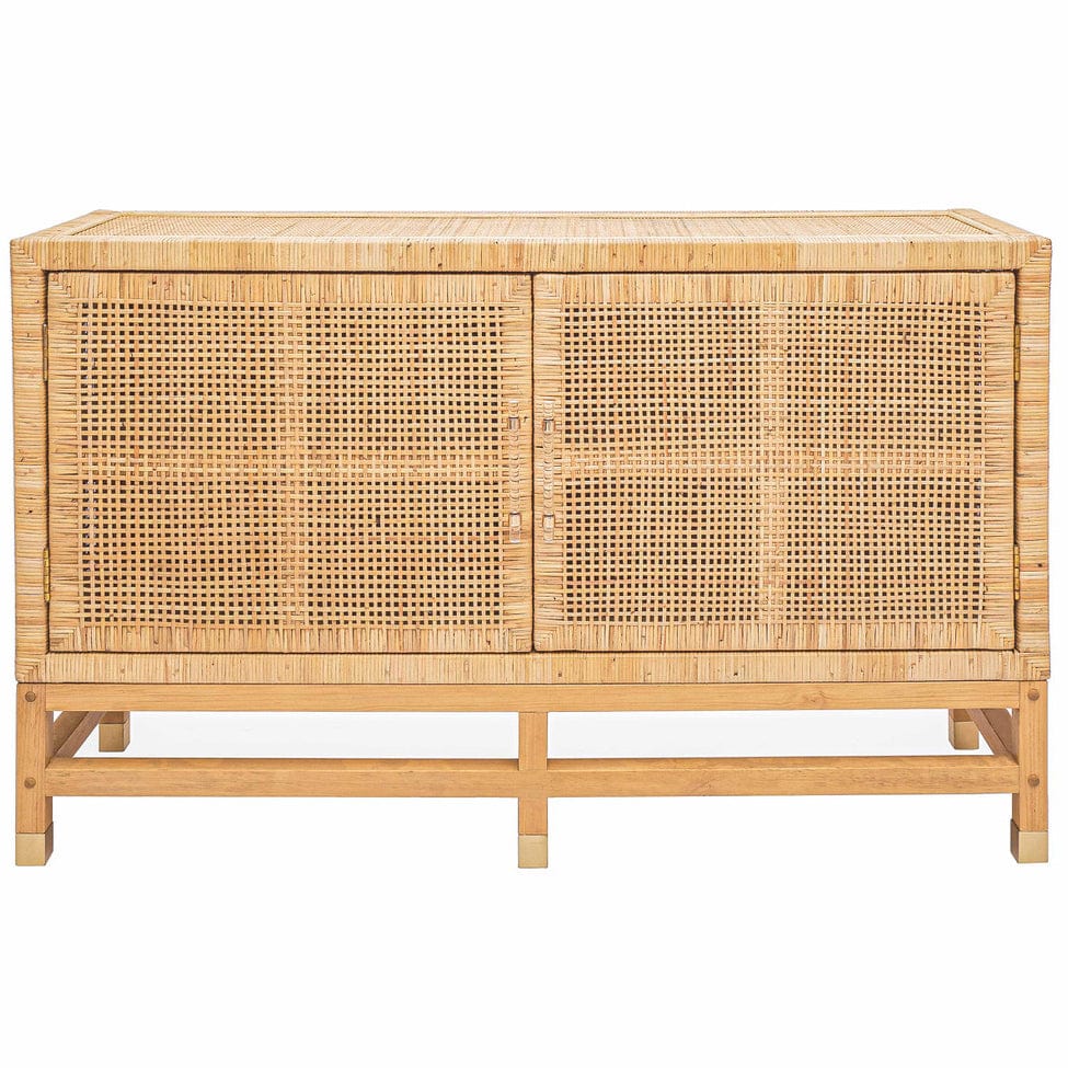 Buffet Whitney en rotin tressé avec pieds en laiton et quincaillerie en lucite