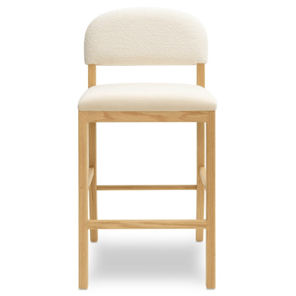 Tabouret de comptoir rustique Celia en chêne avec assise en velours et dossier en bouclette