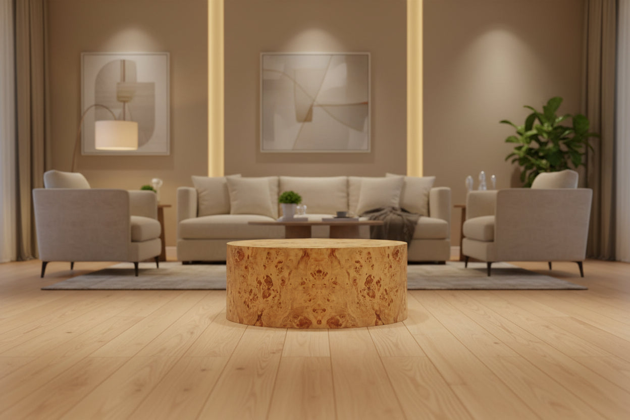 Table basse Silhouette Tambour en placage de ronce naturel Figaro assemblé en aile de papillon