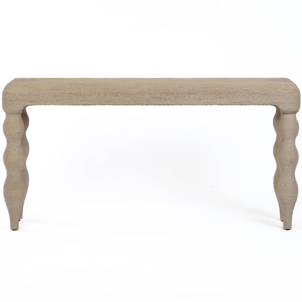 Console en jonc de mer tressé Florence avec pieds ondulés blanchis