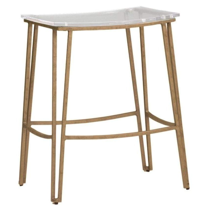 Tabouret de comptoir Pierce, en acrylique sans dossier et métal doré vieilli