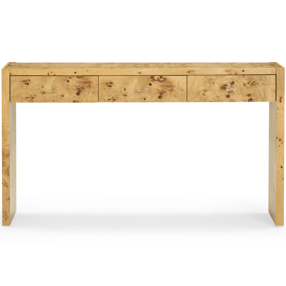 Console Jackie Acacia avec motif en loupe et accents en laiton