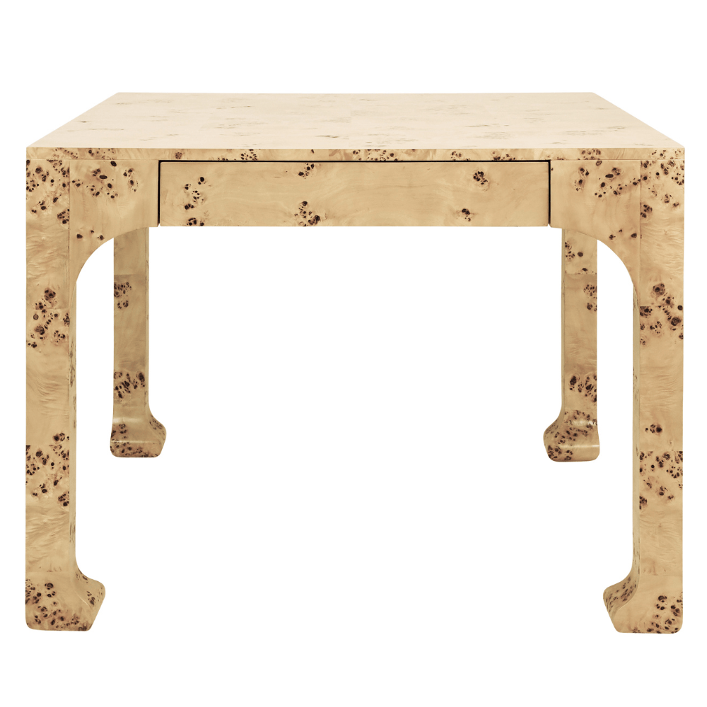 Table de jeu Kerry Matte en bois de loupe, carrée, à deux tiroirs, modèle pagode
