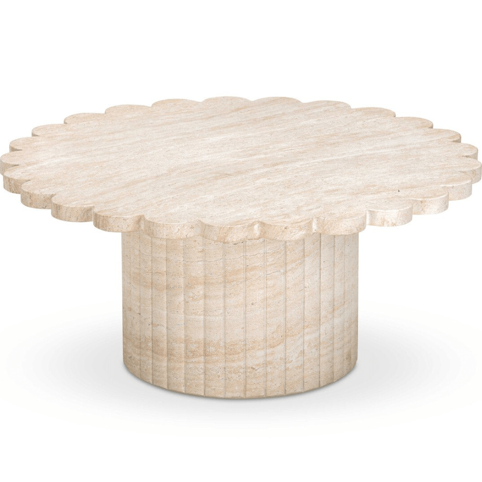 Table basse d'intérieur et d'extérieur Layla en travertin lavé, béton et pétales de fleur