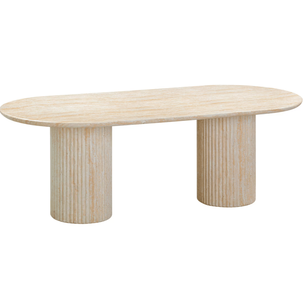 Table à manger Luanne en béton à motif de marbre travertin avec bords biseautés pour intérieur et extérieur