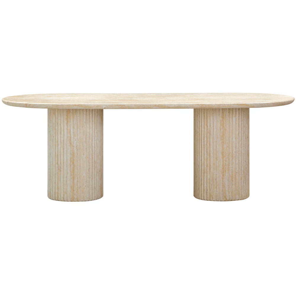 Table à manger Luanne en béton à motif de marbre travertin avec bords biseautés pour intérieur et extérieur