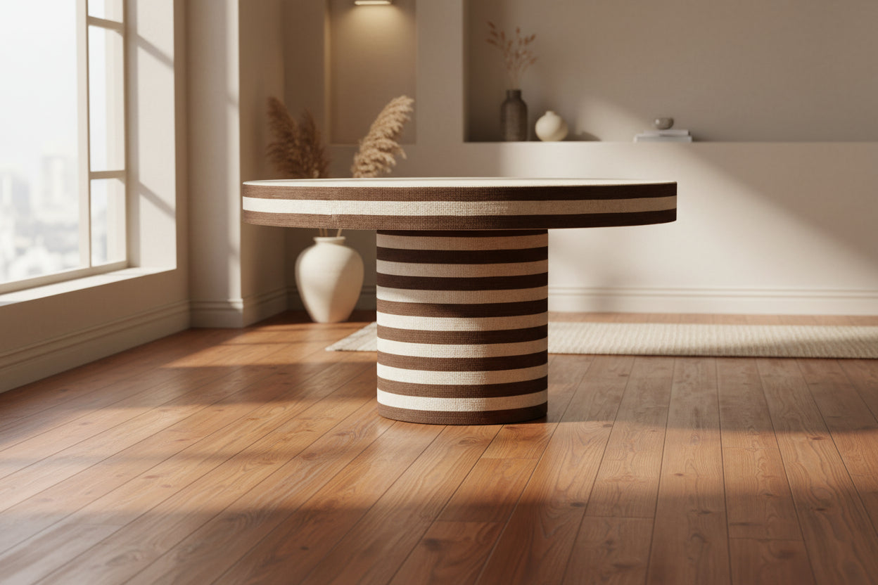 Table basse Rosita en coton rayé et jute avec base piédestal de qualité professionnelle